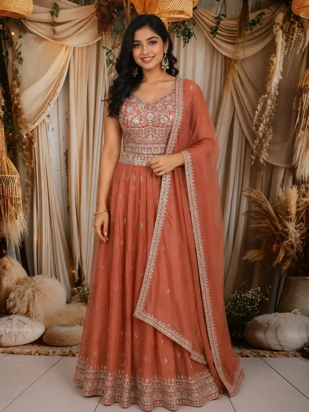 Dusty Peach Floral Sequins Embroidered Design Organza Lehenga with Dupatta
